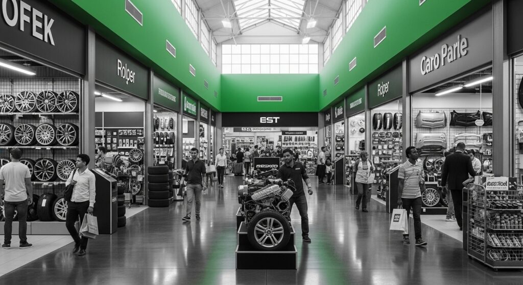 Interior of Nigerian shopping mall with diverse retail tenants and customer traffic